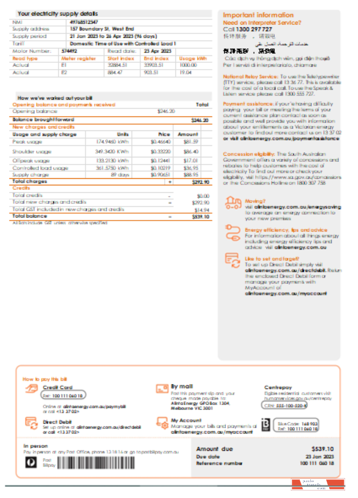 Alinta energy electricity utility business bill,  page 2, SCR PSD template